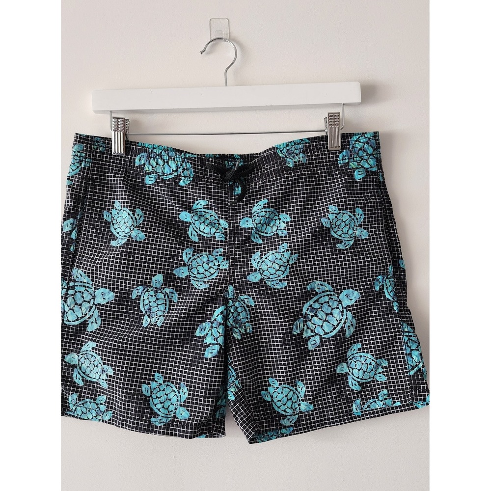 Vilebrequin Swim Trunks Boys 14 Years Black/Teal Turtle Grid Pattern Luxury Wear